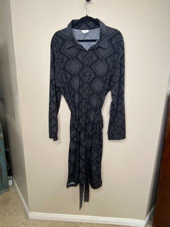 LuLaRoe Dresses & Skirts - LuLaRoe Womens Ellie Geometric Print Collared Shirt Dress Waist Tie XL Black NEW